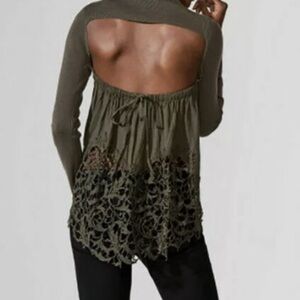 Neiman Marcus Olive Green Open-Back Lace Hem Long Sleeve Top
